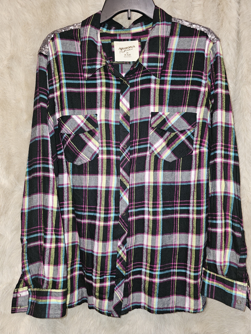 Arizona Jean Co. Junior's Plus Black Plaid Shirt with Sequin Shoulders